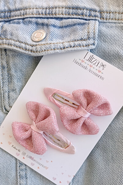 Liliza Accessories Pembe Simli Fiyonk 2Li Çıtçıt Toka Set - Mezuniyet Düğün Ç...