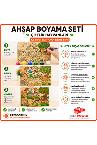 Self Power Çiftlik Hayvanları Ahşap Boyama Kartı Boya &Fırça Dahil