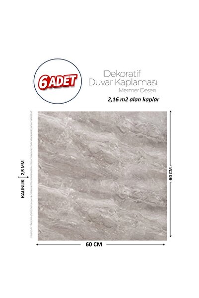 60X60 cm Kendinden Yapışkanlı Duvar,banyo,tezgah Arası Gri Mermer-6 Adet