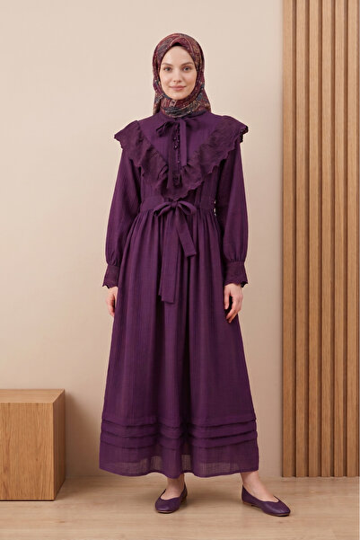 FERHEL Γυναικείο φόρεμα με γιακά, κορδόνια, δεμένη μέση, κεντημένο, με βολάν ...