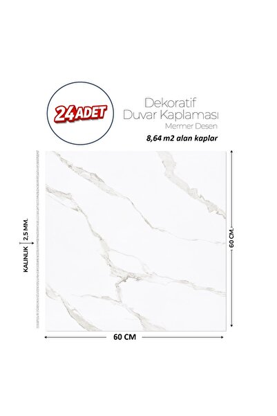Brano 60X60 cm Kendinden Yapışkanlı Duvar,banyo,tezgah Arası Beyaz Mermer-24 ...