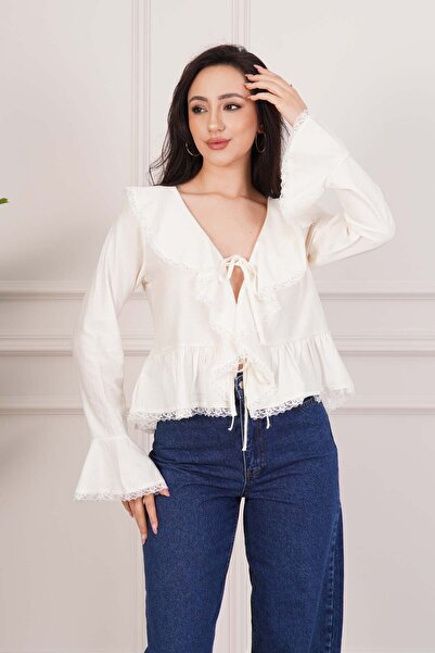 Hipo Trend Δαντελένια Λεπτομερής Μπλούζα με Δέσιμο και Βολάν σε Εκρού Χρώμα