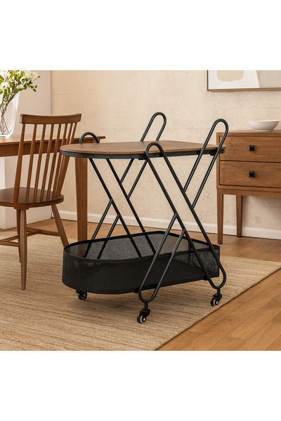 Icon Modern Serving Cart with Metal Cross-Bar Design, Wooden Top Shelf, Lower...