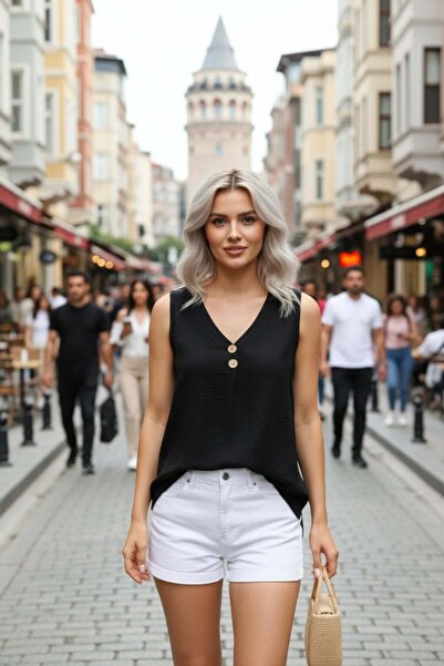 Mossta Μπλούζα Aerobin με κουμπιά και λαιμόκοψη V - Μαύρη