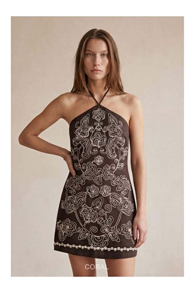 Coral Front Patterned Halter Dress Elb01900 Brown