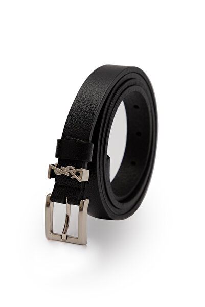 Velvoria Γυναικεία μαύρη γυαλιστερή δερμάτινη ζώνη με ασημί αγκράφα