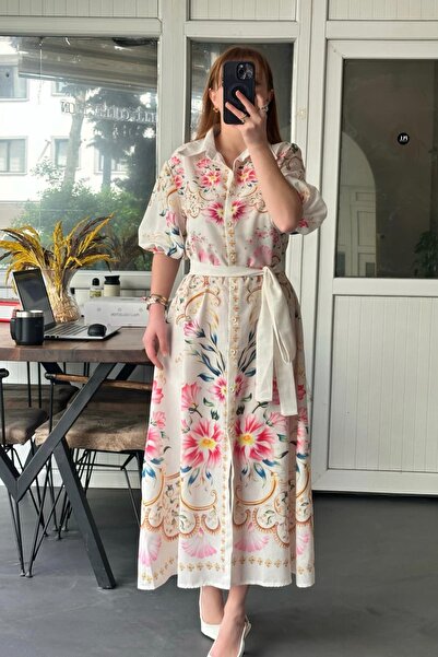 Pulli Collection Φόρεμα με μανίκια μπαλόνι και σχέδια - Εκρού