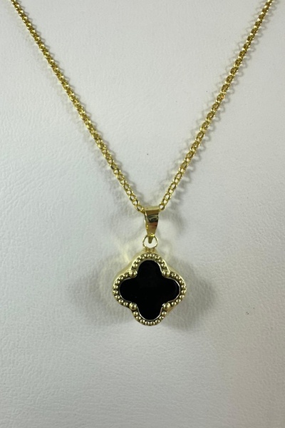 K KRAFTIVA JEWELRY 14 Ayar Altın Doç Zincirli Büyük Siyah Yonca Kolye