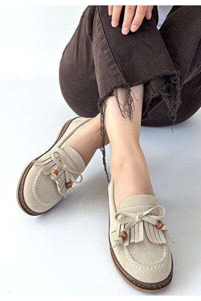 Maxi modena Boriy Beige Leather Powder Suede Ballerina Shoes