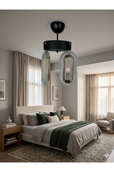BİAVİZE SİYAH OVAL LEDLİ KRİSTAL 2Lİ MODERN AVİZE
