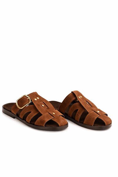 Peta Γυναικείες παντόφλες μποέμ με χρυσή αγκράφα από σουέντ