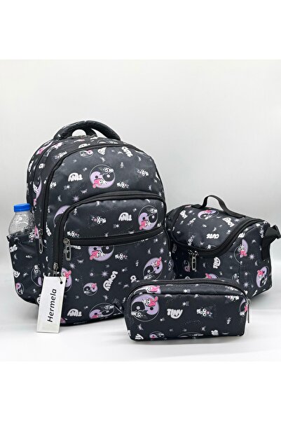 Bevitton Character Patterned First School Bag Black 3-Piece Set Girl's Primar...