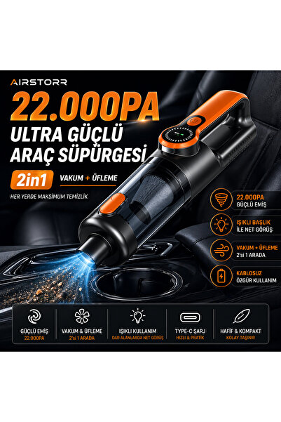Aırstorr 6 Başlıklı 22.000PA Kablosuz Araç Süpürgesi Vakum Üfleme Işıklı Mini...