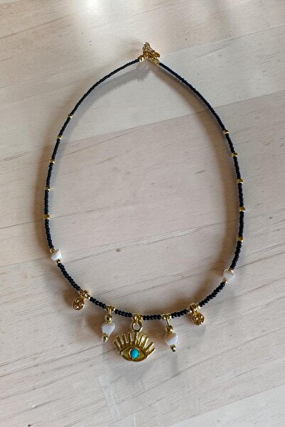 Saltos Black Beaded Gold Eye Figured Necklace Beaded Women's Necklace Summer ...