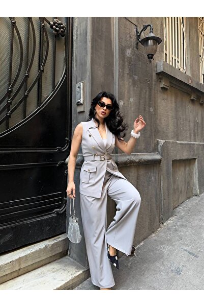 Bella Breeze Women's Belt Detailed Vest and Trousers Set Double Breasted Coll...