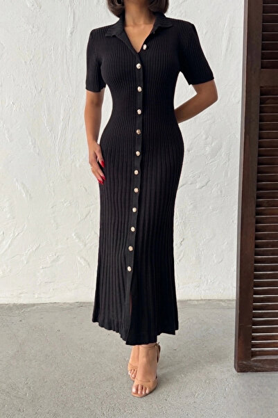 Lusin Γυναικείο μαύρο καλοκαιρινό υφασμάτινο φόρεμα με κοντά μανίκια και λαιμ...