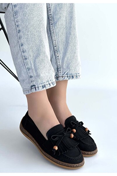 Maxi modena Boriy Black Leather Powder Suede Ballerina Shoes