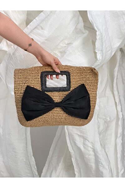 Luminos Butik Ψάθινη τσάντα σε χρώμα καμηλό με λεπτομέρεια φιόγκου CNT1191