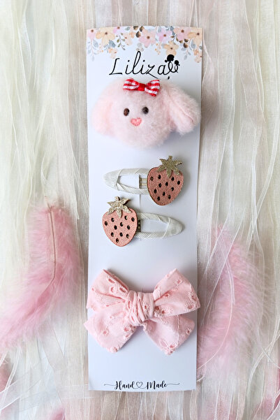 Liliza Accessories Fiyonklu Pembe Köpek - 2li Çilek Çıtçıt - Pembe Fisto Kurd...