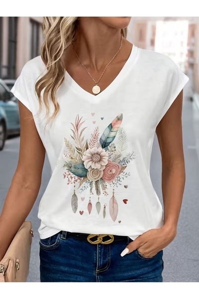 puolikuu Γυναικείο μπλουζάκι με άνετη εφαρμογή και λαιμόκοψη V, με στάμπα λου...