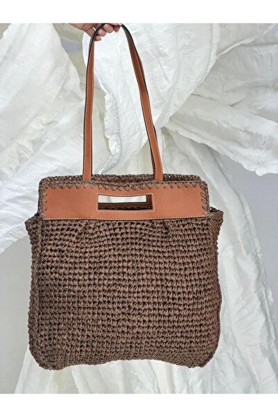 Luminos Butik Δερμάτινη Καφέ Ψάθινη Τσάντα με Λεπτομέρεια στο Επάνω Μέρος CNT...