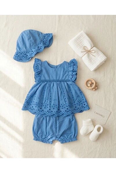 Caramell Girl's Ruffle Blue Dress&Shorts and Hat 3-Piece Set