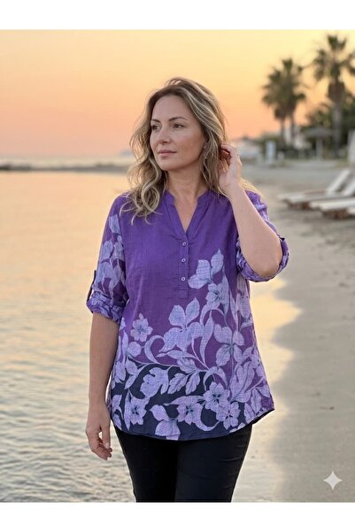 Punta Otantik PTT22045 Ιταλική ολόσωμη βαμβακερή μπλούζα με κουμπιά, μωβ