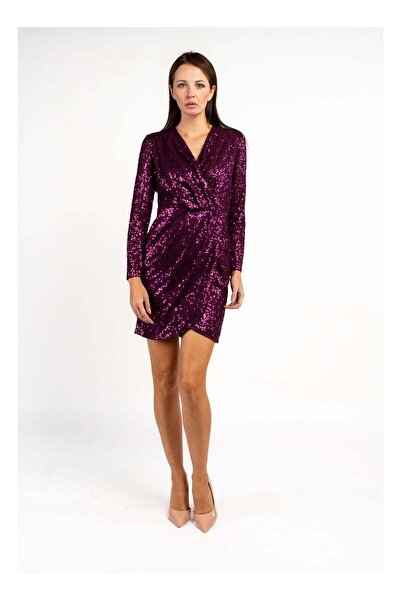 Fashonara Sequenced Shimmery Draped Long Sleeve Dress in Purple
