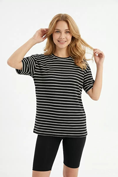 buğrahayalin Women's Horizontal Striped Crew Neck Slim Fit Cotton Short Sleev...