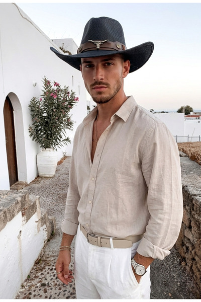 LAGRANZE Men's Cowboy Style Hat with Wide Brim and Metal Detail for Summer