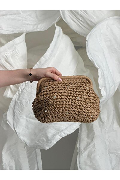 Luminos Butik Κλασική ψάθινη τσάντα με λουράκι αλυσίδας και πέτρες CNT1144