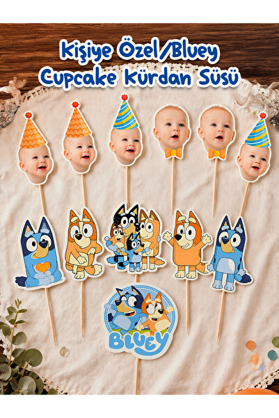 KiziHediye Kişiye Özel Bluey Cupcake Kürdan Süsü (12’li Set) – Fotoğraflı Doğ...