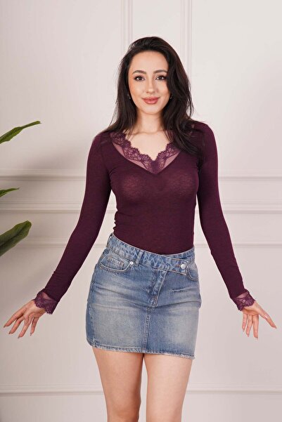 Hipo Trend Δαντελένια μπλούζα με λεπτομέρειες, μακρυμάνικη, με λαιμόκοψη V κα...