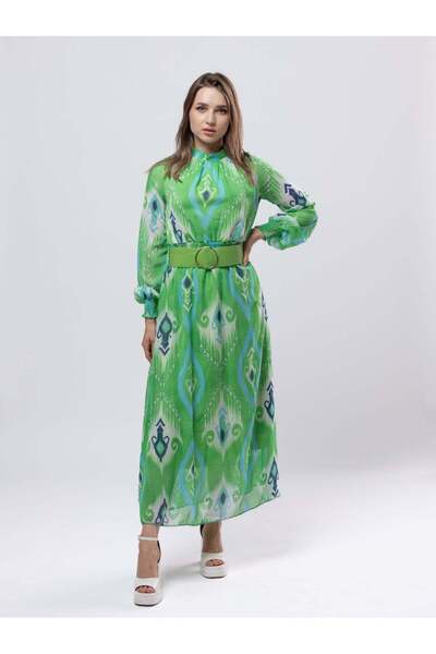 Fashonara Chiffon Full Sleeve Belted Long Green Printed Dress