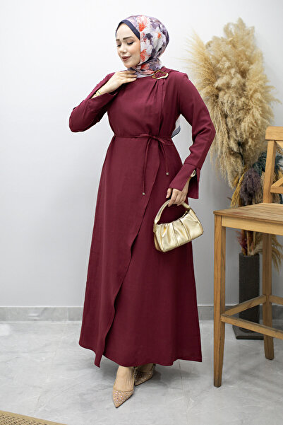 Tesettür Dünyası Φόρεμα με λεπτομέρεια καρφίτσας και ζώνη TSD260198 Φούξια