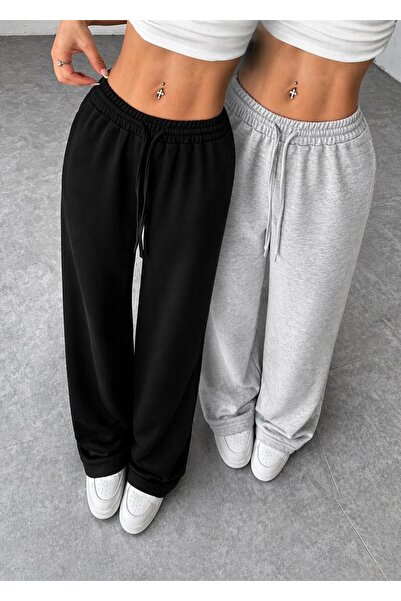 Hera Moda Γυναικείο σετ 2 τεμαχίων, μαύρο-γκρι, φαρδύ παντελόνι χωρίς ραφές