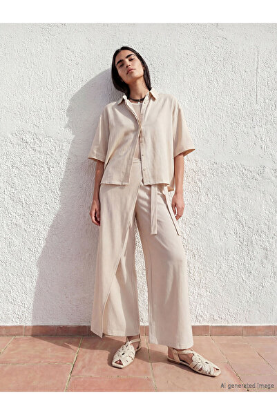 LC Waikiki Nevavm Wide Leg Women's Trousers with Tie Waist