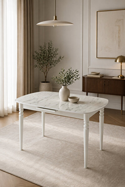 Atolye Casa 80x130cm Akrilik Parlak Beyaz Mermer Açılır Yemek Masası Sembol M...