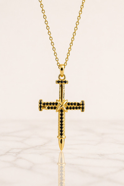 OEM Αλυσίδα με μενταγιόν σταυρό τύπου καρφί, διακοσμητικό φινίρισμα με πέτρες...