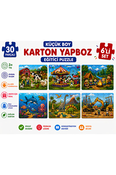 KAR TANESİ Küçük Boy Karton Yapboz 30 Parça – 6’lı Set Eğitici Puzzle 19x27 c...