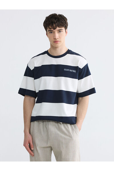 LC Waikiki Nevavm Men's T-Shirt with Oval Collar and Stripes