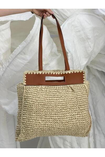 Luminos Butik Δερμάτινη Μπεζ Ψάθινη Τσάντα με Λεπτομέρεια στο Επάνω Μέρος CNT...