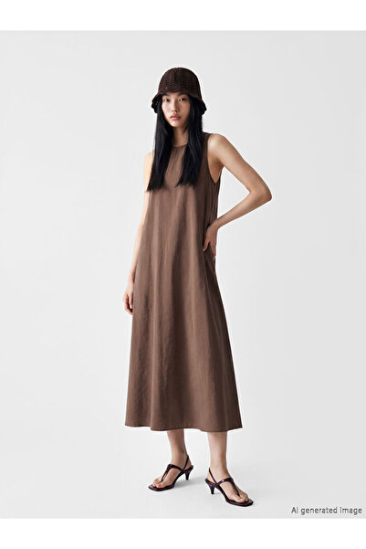 LC Waikiki Brown Crew Neck Pocket A-Line Dress