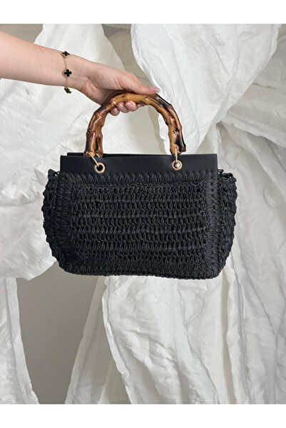 Luminos Butik Μαύρη ψάθινη τσάντα με λαβή από μπαμπού CNT1115
