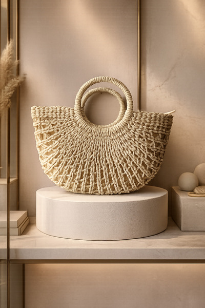 Luminos Butik Ψάθινη τσάντα Half Moon Beige CNT1102