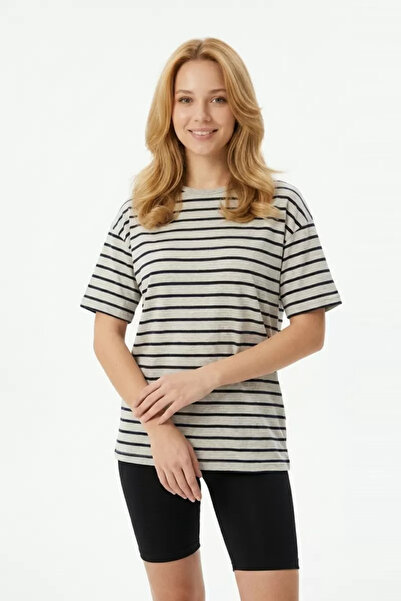 buğrahayalin Women's Horizontal Striped Crew Neck Slim Fit Cotton Short Sleev...