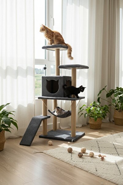 Nursoft S9 Kedi Tırmalama Ve Kedi Oyun Evi Kedi Evi ve Kafesi Antrasit