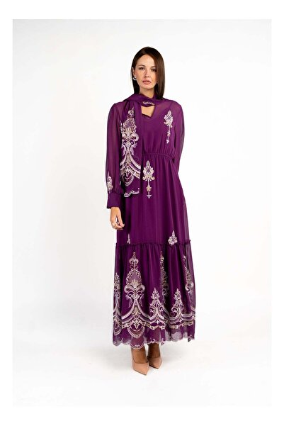 Fashonara Embroidered Long Sleeve Purple Party Dress