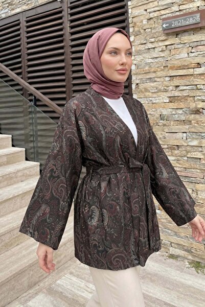 Salih Çelebi Şal Desen Kuşaklı Kimono 2375 - ACI KAHVE