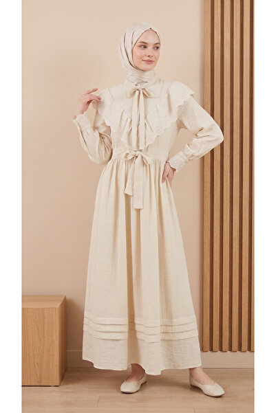 FERHEL Γυναικείο φόρεμα με γιακά, κορδόνια, δεμένη μέση, κεντητό, με βολάν, μ...